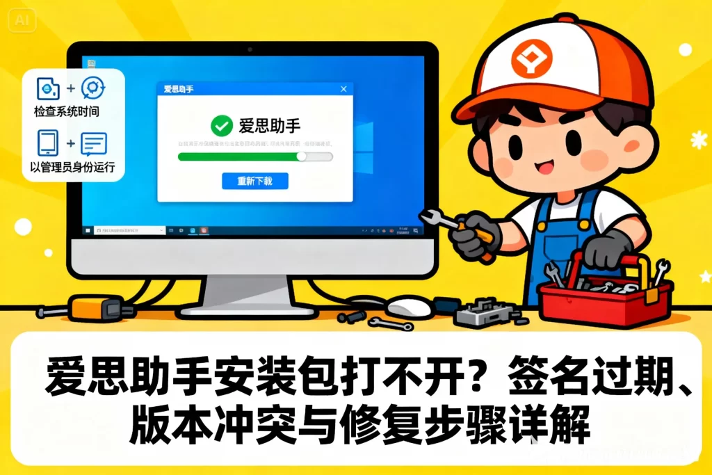 爱思助手app下载安装包打不开？签名过期、版本冲突与修复步骤详解